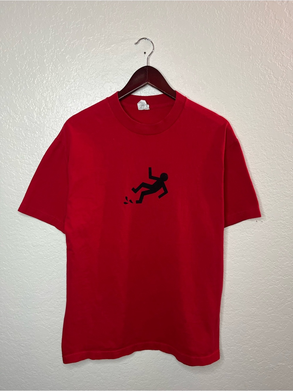 Vintage Slipping Stick Figure Graphic Tee Red Shirt Size Large